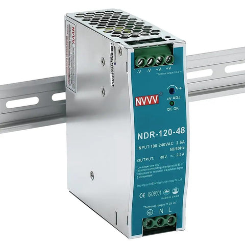 48V DC DIN Rail Power Supply 120W 2.5A With Wide Input 85 to 264 VAC, Easy Mount for DIN Rail Boxes, High Efficiency Switching Converter for Industrial Automation, Control Panels, and Machinery