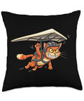 Airborne Cat Hang Glider Throw Pillow with adorable flying feline, double-sided multicolor print, 100% polyester fill
