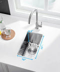 Stainless Steel Single Bowl Bar Sink For Undermount Prep In Small Kitchens 10 Inch By 17 Inch 8.5 Inch Deep 16 Gauge Includes Sink Strainer Waste Basket And Bottom Grid Scratch And Stain Resistant installed under a white countertop near a window.