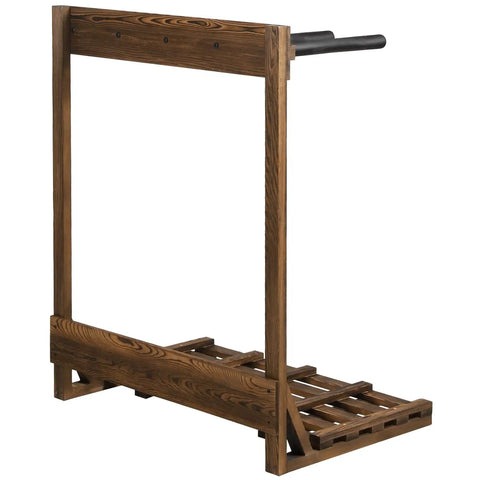 Rustic Burnt Wood Freestanding Surfboard Rack, 4 Foot Tall Vertical Stand For Indoor Storage, wooden finish side view