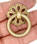 Set Of 6 Vintage Antique Brass Ring Pulls For Cabinets With Hollowed Dome Base And Flower Like Design