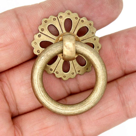 Set Of 6 Vintage Antique Brass Ring Pulls For Cabinets With Hollowed Dome Base And Flower Like Design