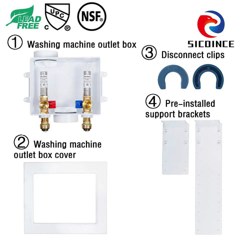Washing Machine Outlet Box With Water Hammer Arrestor And One Quarter Turn Ball Valves Stop Hammering Noise Easy Install Inlet Half Inch Push To Connect Outlet Three Quarter Inch Male Thread Durable Brass Construction