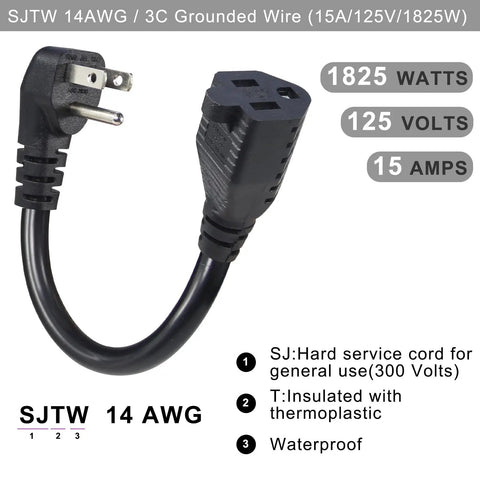 Short Power Extension Cord With Low Profile Wall Head 6 Inch 14AWG SJTW Heavy Duty Cable For Indoor Outdoor Use 15A 125V 1875W 90 Degree Flat Plug NEMA 5-15P To NEMA 5-15R Black showing flat plug and specifications.