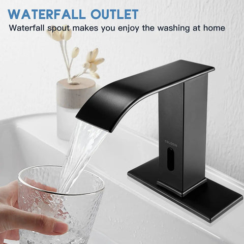Touchless Sensor Bathroom Faucet With Automatic Waterfall Flow Matte Black Stainless Hands Free 1 Hole Install Battery Powered