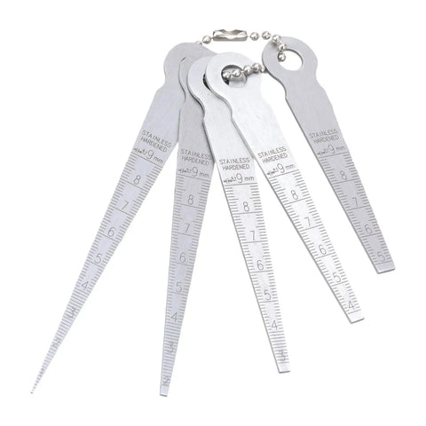 5 Piece Pro Grade Steel Feeler Gauges Set With 0.1mm Resolution For Tight Space Measurement, tapered ends, stainless steel on chain