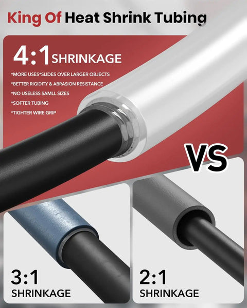 4:1 shrinkage comparison in Pro Grade 4 to 1 Heat Shrink Tubing Kit with 500 Adhesive Lined Pieces, Marine Grade Dual Wall Waterproof Tubing.