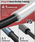 Comparison of 4:1, 3:1, and 2:1 shrinkage ratios highlighting Pro Grade 4:1 Heat Shrink Tubing Kit with 3.54 inch extra length