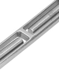 Close-up of Heavy Duty 304 Stainless Steel Wire Rope Turnbuckle Tensioner With Adjustable Grip and Rust Proof Finish built different for quick setup in M16 size.