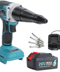 26V Cordless Electric Rivet Gun Brushless Complete Kit For Hardware Installation Two Configuration Options With Interchangeable Guide Nozzles 3.2 4.0 5.0 5200mAh Battery And Charger Variant 2 Includes Rivet Nut Mandrels M3 M4 M5 M6 M8, with charger and battery