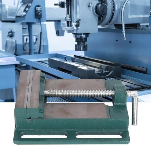 Beefy Five Inch Machine Vise with Widened Jaws for Woodworking and Drill Press Tasks, next to milling machine, heavy duty cast iron