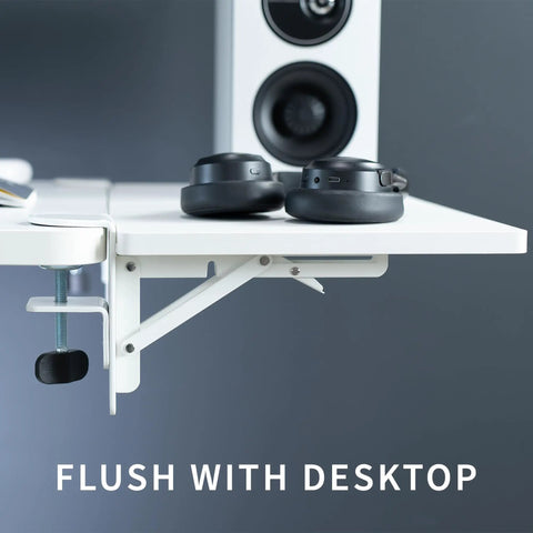 Close-up of White Clamp On Desk Extender For A Sweet Home Office Upgrade with headphones on shelf, flush with desktop.