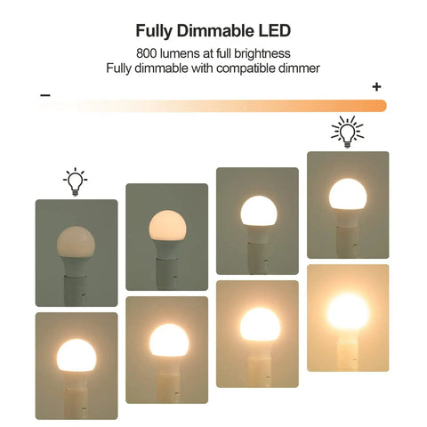 A19 LED Light Bulbs Dimmable 60W Equivalent, 2700K Soft White shown at different brightness levels, 8 Pack