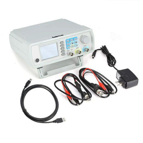 Heavy Duty Kickass Dual Channel DDS Signal Generator Frequency Counter With Sixty Megahertz Arbitrary Waveform Output And Two Hundred Mega Samples Per Second For Nitty Gritty Electronics Debugging with cables and power supply.
