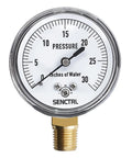 SENCTRL low-pressure gauge, 0–30 inches of water, 2.5" dial, brass 1/4" NPT lower mount