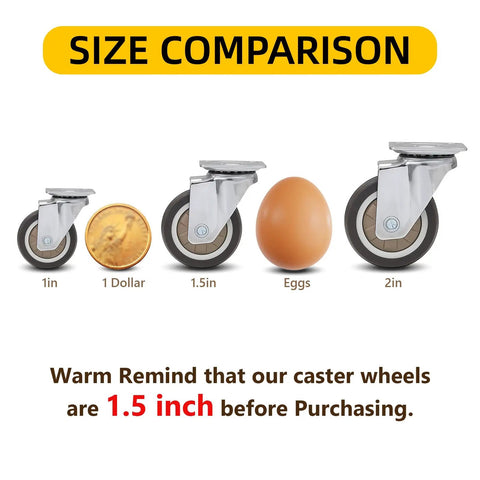 Smooth 1.5 Inch TPR Rubber Caster Wheels Set Of Four With Swivel Brakes compared with 1in, 2in wheels, and common items.