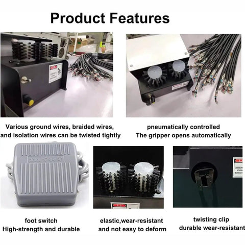 Automatic Wire Twister For 5 To 60 mm Cables, Three Brush Twist Tool features and various wire types on a table