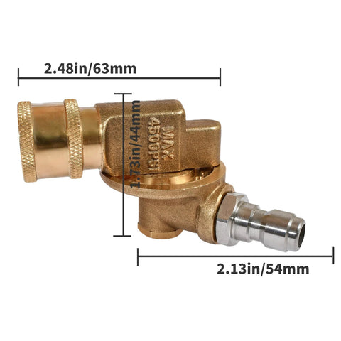 Brass pressure washer pivoting coupler with 1/4-inch quick-connect, side view