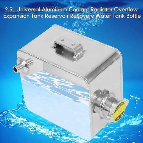 Heavy Duty 2.5L Aluminum Coolant Radiator Overflow Expansion Tank with polished finish and fittings for muscle rides.