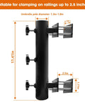 Built Tough Heavy Duty Adjustable Metal Patio Umbrella Holder Clamp Stand For Deck Railing Outdoor Courtyard And Balcony Wind Resistant Mount No Fuss Setup displaying dimensions and adjustment knobs