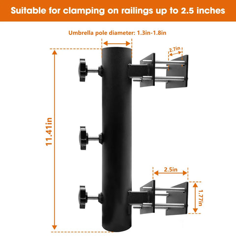 Built Tough Heavy Duty Adjustable Metal Patio Umbrella Holder Clamp Stand For Deck Railing Outdoor Courtyard And Balcony Wind Resistant Mount No Fuss Setup displaying dimensions and adjustment knobs