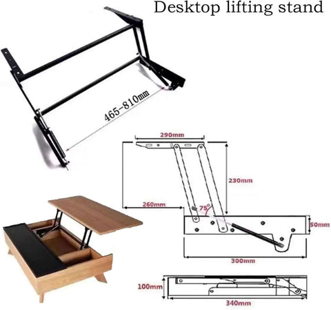 Lift Up Top Coffee Table Kit With Solid Metal Frame And Spring Hinge, adjustable width diagram and installation example