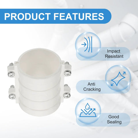 PATIKIL 2-inch white PVC pipe repair clamp with screw bands for 50mm OD pipes (front view)
