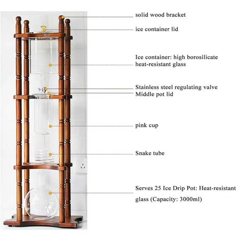 Big Batch Cold Brew Coffee Maker With Adjustable Stainless Steel Dripper And Roomy Borosilicate Glass Carafe, solid wood frame with heat-resistant glass.