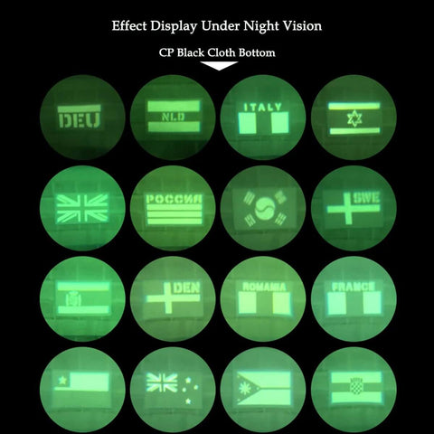 IR reflective flag patches displayed under night-vision glow on black fabric