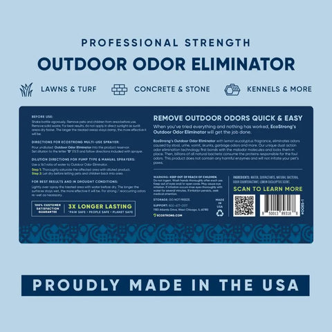 Label of Outdoor Odor Eliminator For Pets Enzyme Cleaner That Tackles Dog Urine On Yards Turf Patios Kennels And Decks