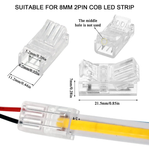 Easy Solderless LED Strip To Wire Connectors Kit, 20 Waterproof Transparent Adapters, 8 mm, clear 2-pin strip connectors, no tools needed