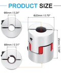 Durable Aluminum Shaft Coupler 6mm to 8mm Flexible Spider Coupler L25mm x D20mm, silver and red, size diagram