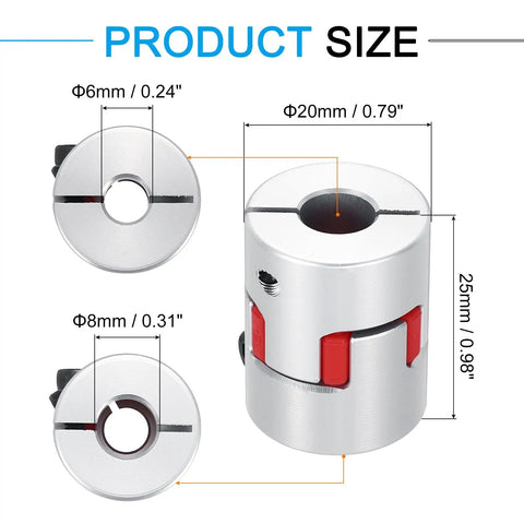 Durable Aluminum Shaft Coupler 6mm to 8mm Flexible Spider Coupler L25mm x D20mm, silver and red, size diagram