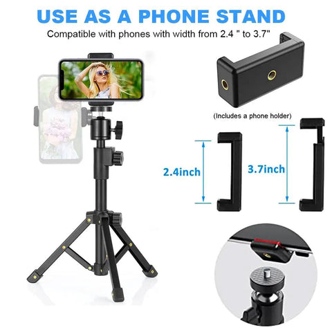 Phone mounted on extendable desk webcam tripod stand with adjustable clamp, highlighting compatibility and adjustability.