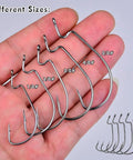 Bass Fishing Offset Worm Hooks Kit With Tackle Box, EWG Wide Gap Hooks, sizes 1/0 to 5/0, displayed on a hand, 50 pcs