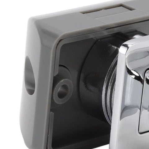 Close-up of Push Button Cabinet Latch With Locking Knob For RV And Boat Easy Press To Lock And Release Zinc Alloy And ABS Chrome Handle