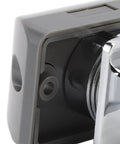 Close-up of Push Button Cabinet Latch with Handle Keyless Zinc Alloy Lock for RV Drawers and Cupboards showing chrome finish.