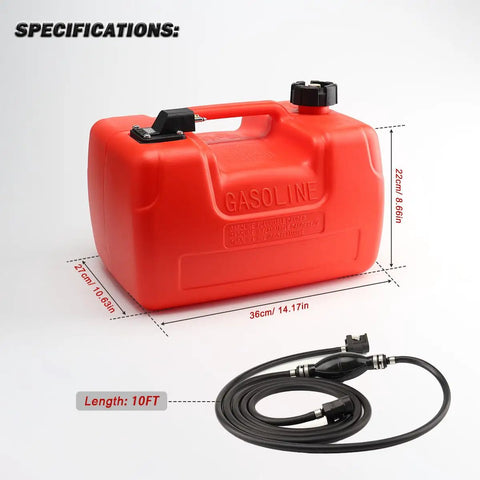 3 Gallon Portable Boat Fuel Tank With Hose And Gauge 12L Transfer Tank For Outboard Motors Yachts And Deck Boats Easy Gas Up Onboard High Capacity Fuel Storage For Fishing Boats And On The Go, shown with dimensions and 10ft hose.