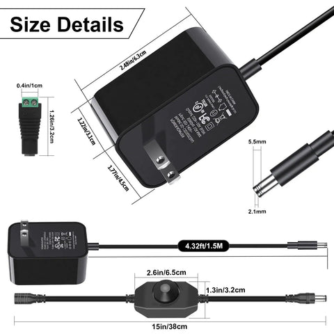 Size details of UL Listed 12V 3A Power Adapter With Dimmer Switch For LED Lighting And Electronics Universal AC DC Power Supply With No Fuss Overcurrent Overvoltage Overtemperature And Short Circuit Protection Low Heat Quiet Operation