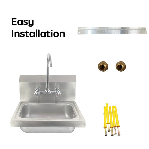 Stainless Steel Hand Sink Basin 17 X 15 Inches Wall Mount For Public Places Restaurants Schools Kitchens And Homes 304 Grade Anti Rust And Corrosion Resistant 180 Degree Gooseneck Faucet Easy Install Kit Workhorse with installation tools included.