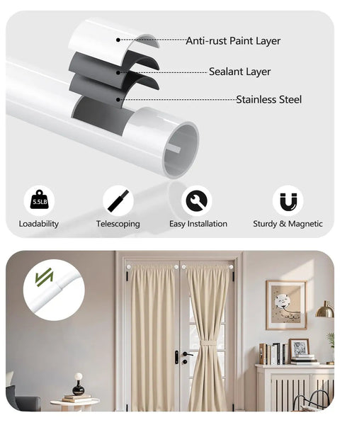 Magnetic Curtain Rod Set, 2 Pack For Metal Doors, Adjustable 18 To 30 Inch, showing layers and use on French doors