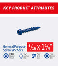 Heavy Duty 3/16 X 1-1/4 Inch Hex Head Blue Concrete Screw Anchors Kit with screw and key specifications displayed