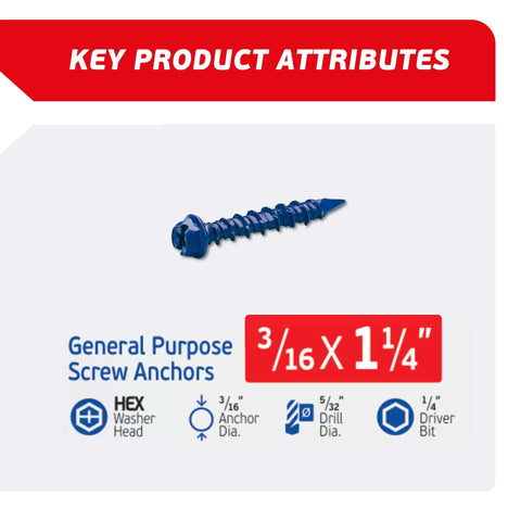 Heavy Duty 3/16 X 1-1/4 Inch Hex Head Blue Concrete Screw Anchors Kit with screw and key specifications displayed