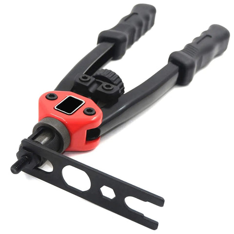 Hand Nut Riveter Kit With Quick Change Head, 330mm Reach, Rivnut Tool in red finish with ergonomic handles, ideal for metal panels.