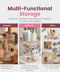 360 Degree Rotating Makeup Organizer For Countertop With Adjustable Shelf Height, shown in bedroom, bathroom, office settings