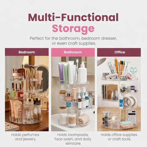 360 Degree Rotating Makeup Organizer For Countertop With Adjustable Shelf Height, shown in bedroom, bathroom, office settings