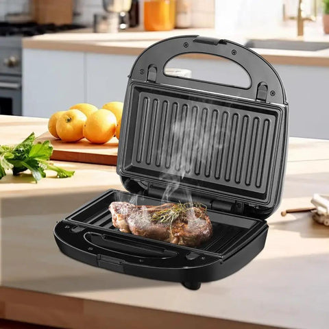 3 In 1 Electric Sandwich Maker With 3 Removable Non Stick Plates Double Sided Heating Waffle Donut Panini Press Grill For Quick Breakfast Snacks Bacon Steak And More 850 Watts Uniform Cooking cooking steak in kitchen with steam