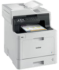 Heavy Duty Color Laser All In One Printer With Smooth Wireless Networking Auto Duplex Printing Mobile Scanning Alexa Ready For Crushing Your Daily Workload In Crisp White Finish with control panel and documents.