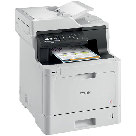Heavy Duty Color Laser All In One Printer With Smooth Wireless Networking Auto Duplex Printing Mobile Scanning Alexa Ready For Crushing Your Daily Workload In Crisp White Finish with control panel and documents.