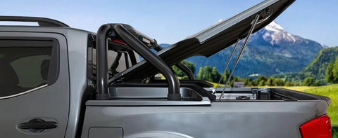 Rock Solid Heavy Duty 28 Inch Gas Strut With Mounting Bracket For Truck Bed Tonneau Cover installed on truck bed.